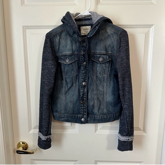 Mudd Jackets & Blazers - MUDD Denim Jacket Womens M Trucker Sweater Sleeves Hoodie Dark Wash Distressed